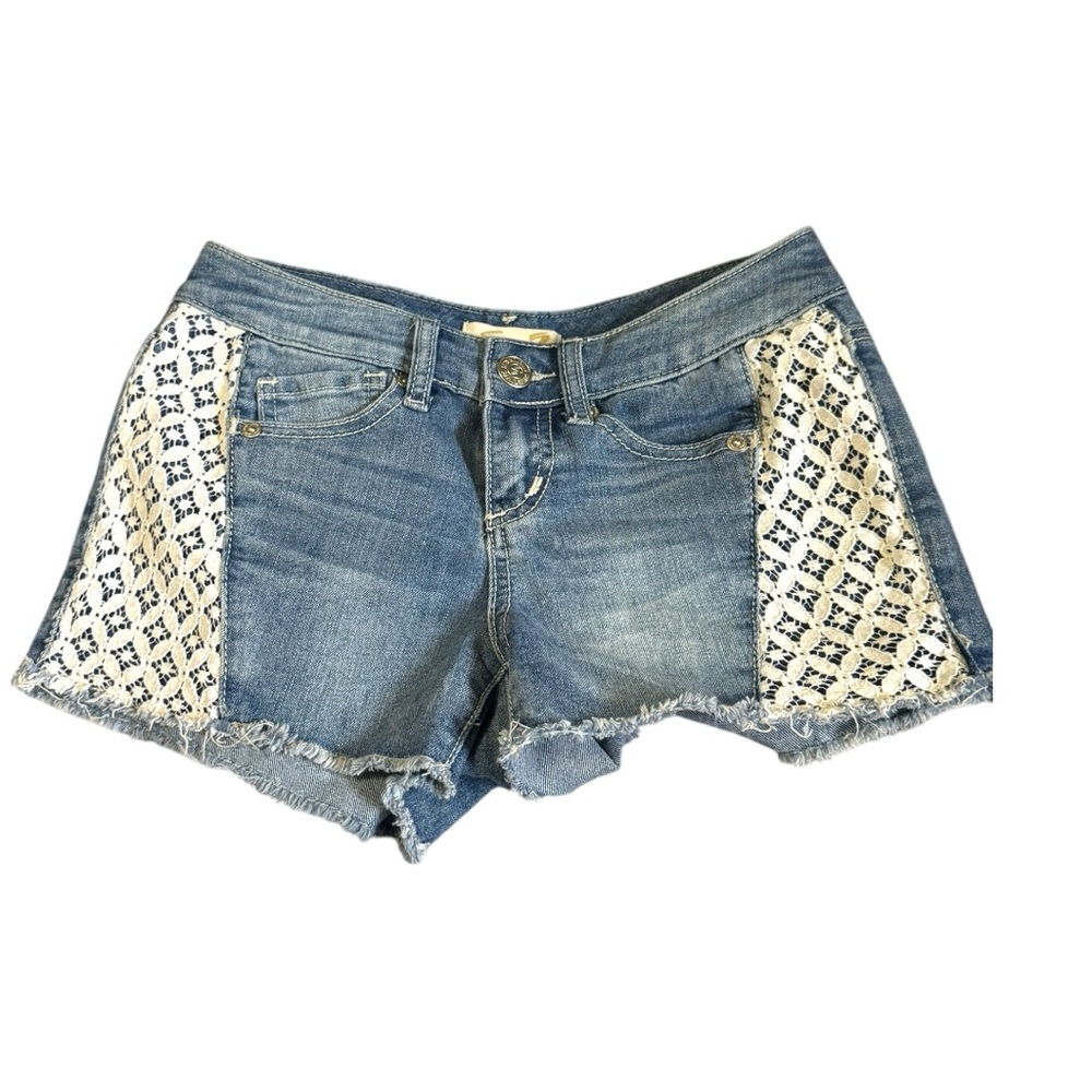 Seven7 Boho Lace Cut Off Jean Shorts Womens Blue Denim Frayed Size 25 Stretch